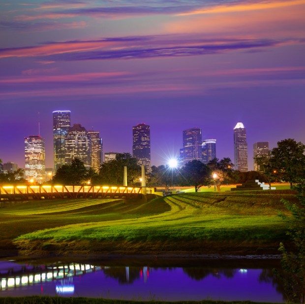 Houston sunset skyline from Memorial park at Texas US