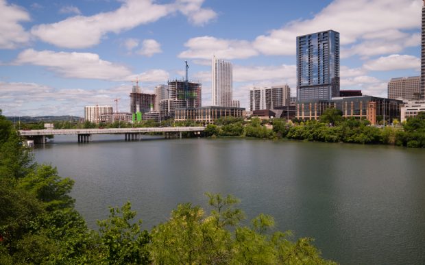 Urban development continues along the river in Downtown Austin, Texas