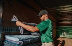 A Square Cow Movers employee folds moving blankets inside a moving truck