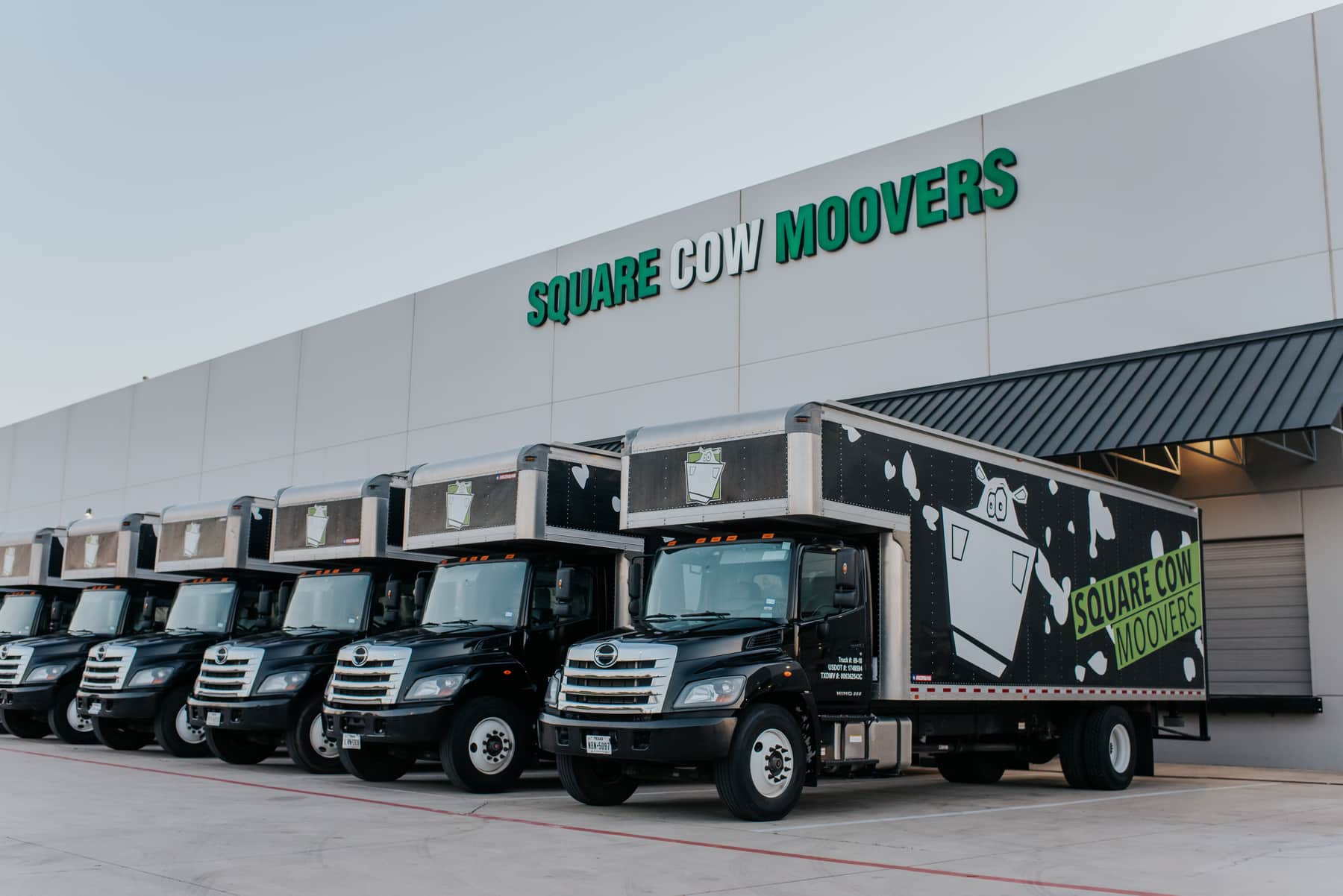 Square Cow Movers trucks parked outside the company building