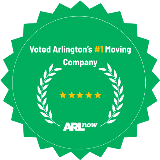 Image of a sunburst shaped award. The text reads "Voted Arlington's #1 Moving Company" and displays that Square Cow Movers Northern Virginia was voted Arlington's #1 Moving Company by ARLnow, a trusted local newsletter.